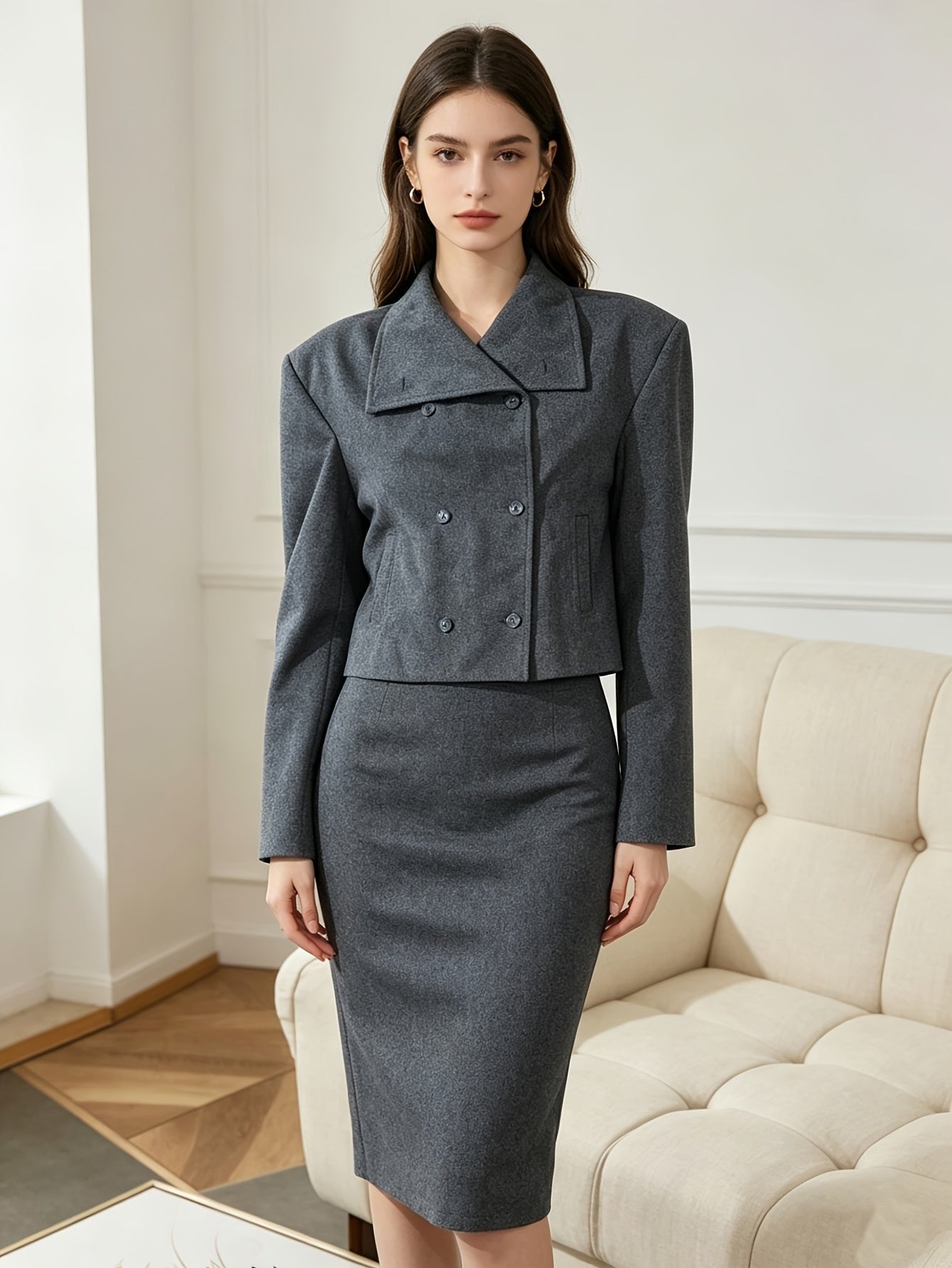 Cropped Wool Pea Coat with Notch Lapel and Double Breasted Button Front