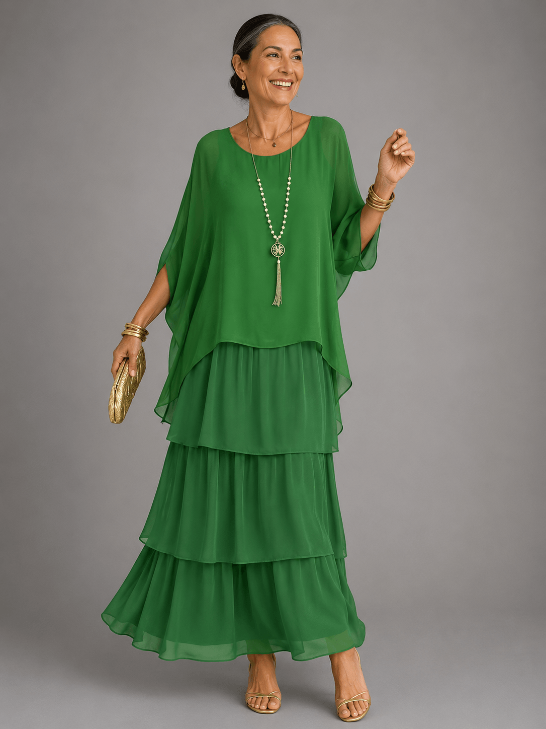 Tiered Ruffle Women's Midi-to-Maxi Dress with Flowing Capelet Sleeves