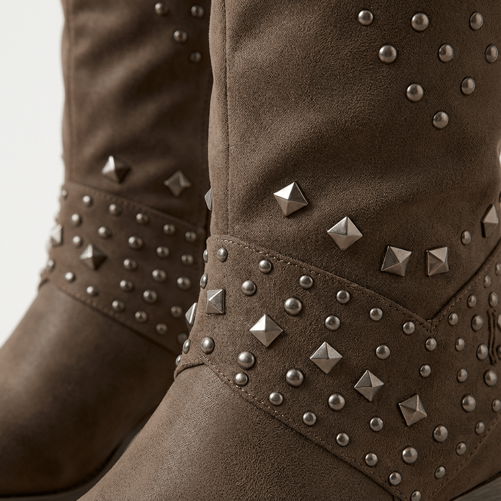 Studded Knee-High Pointed-Toe Brown Leather Boots for Fall