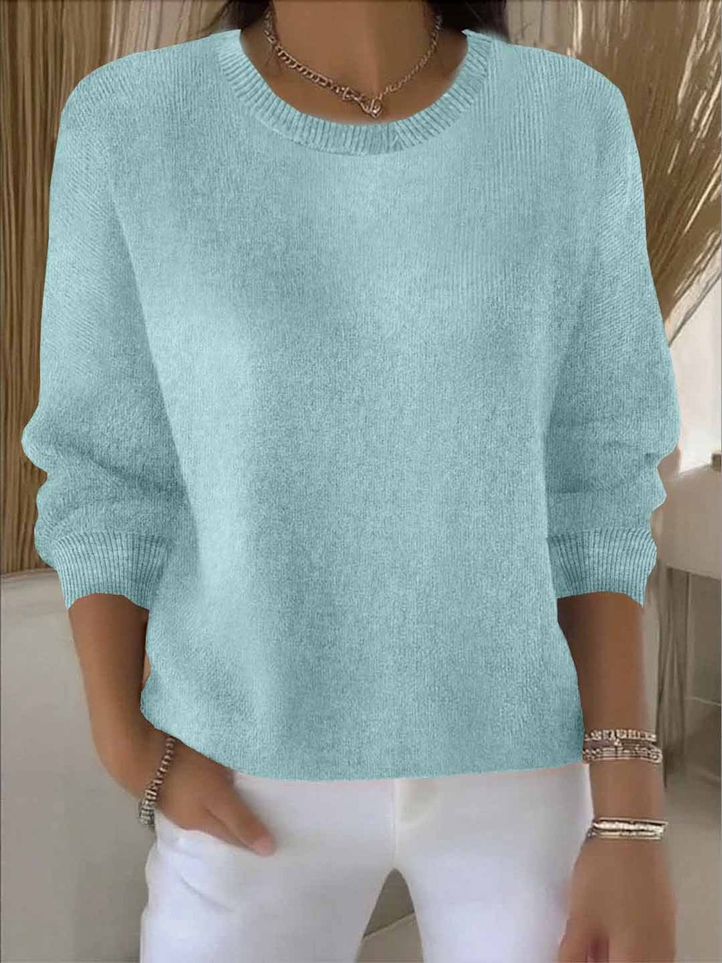 Lorie Ribbed-Cuff Women's Knitted Sweater with Crew Neck
