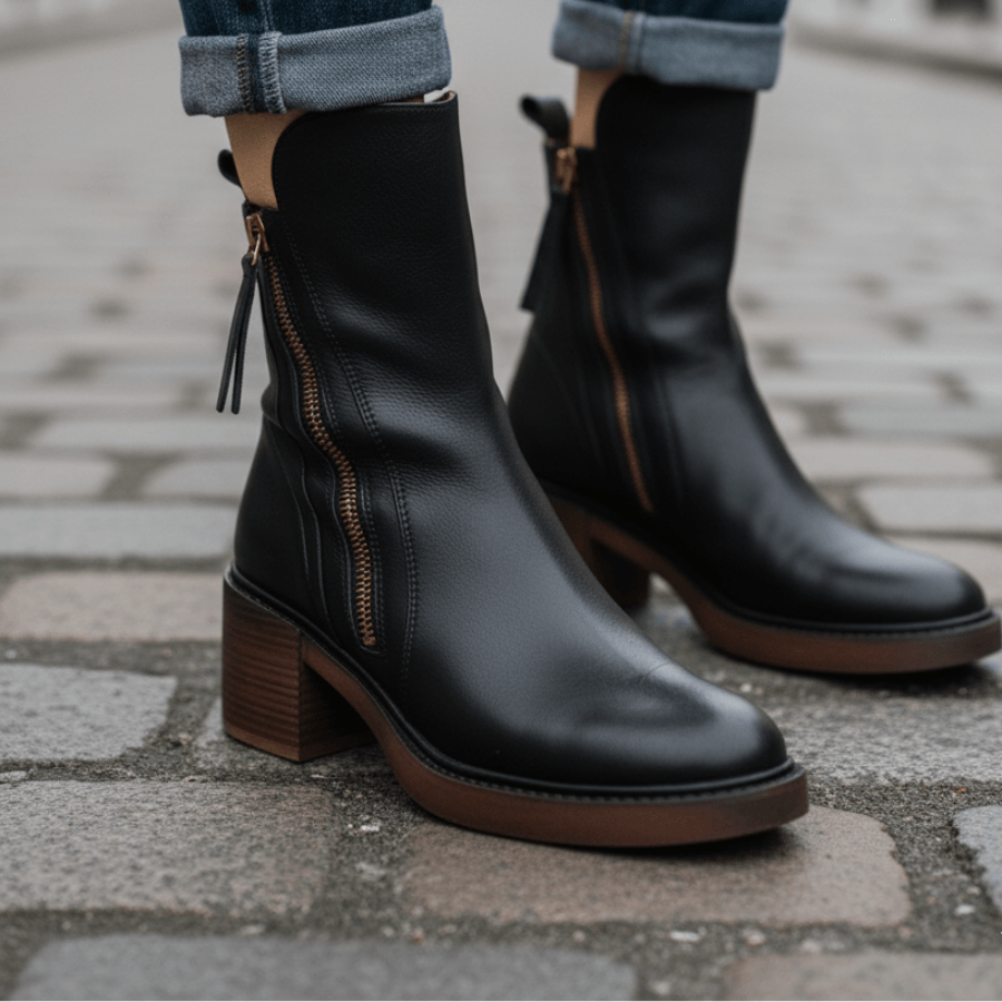 Women's Round-Toe Vegan Leather Ankle Boots with Block Heel and Side Zip