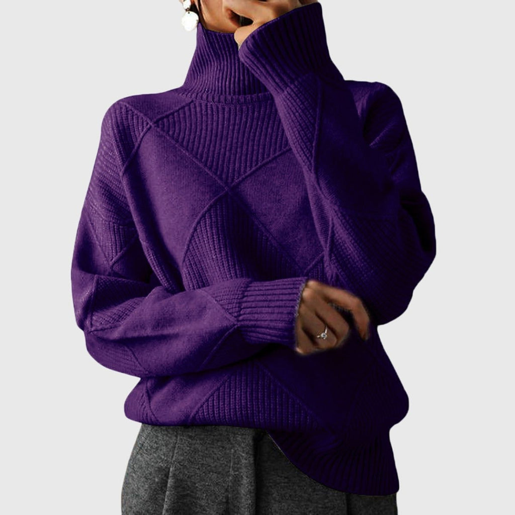 Women's Ribbed Knit Turtleneck Sweater with Diamond Pattern and Relaxed Fit