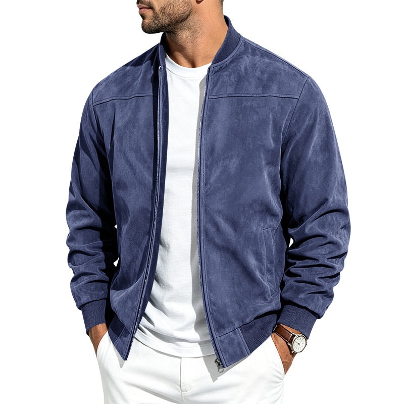 Men's Zip-Up Bomber Jacket in Suede with Stand Collar and Ribbed Hem
