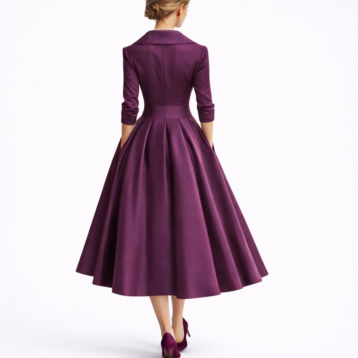 Women's Wrap-Front A-Line Midi Dress with Wide Collar and Side Pockets