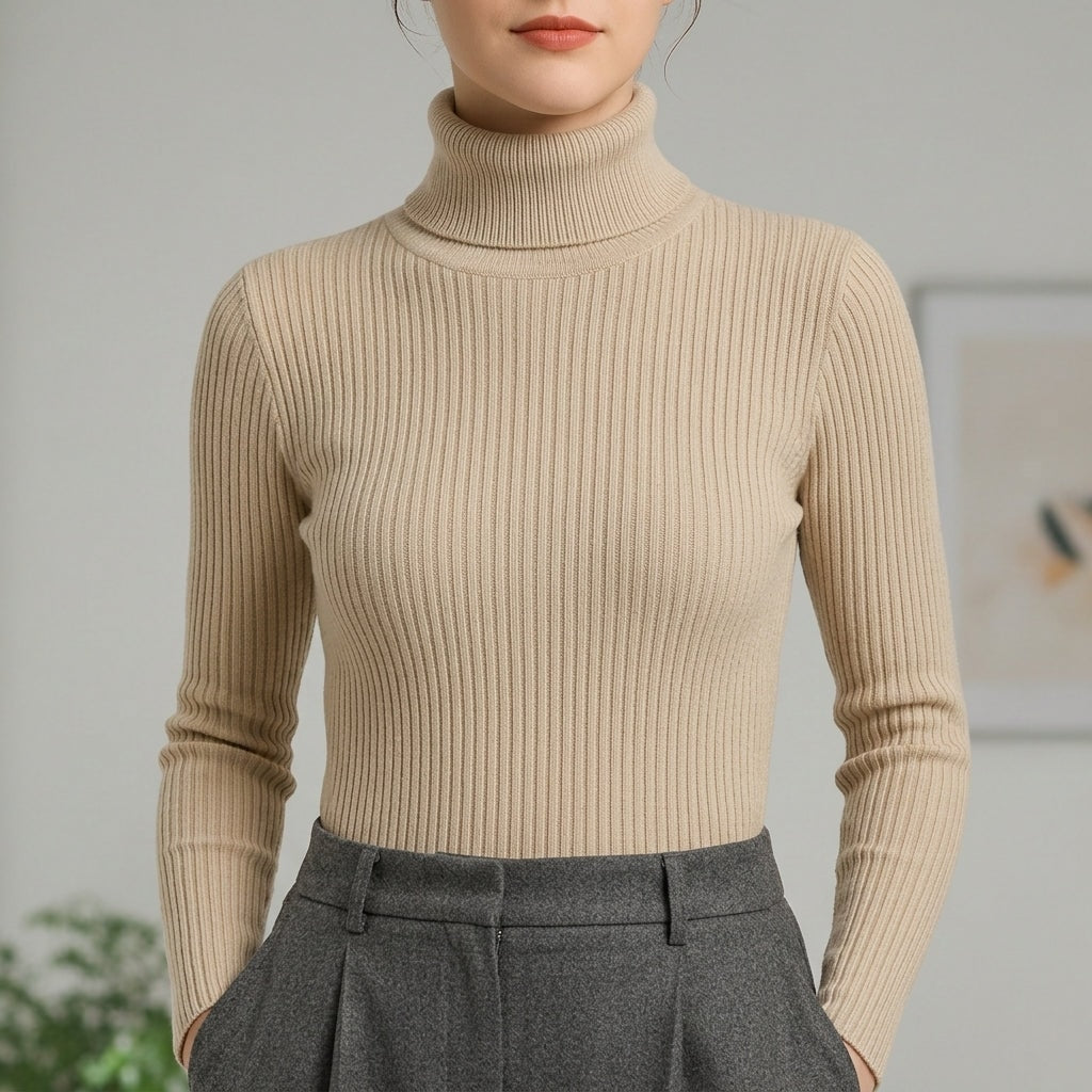 Women's Ribbed Knit Turtleneck Sweater with Long Sleeves and Slim Fit