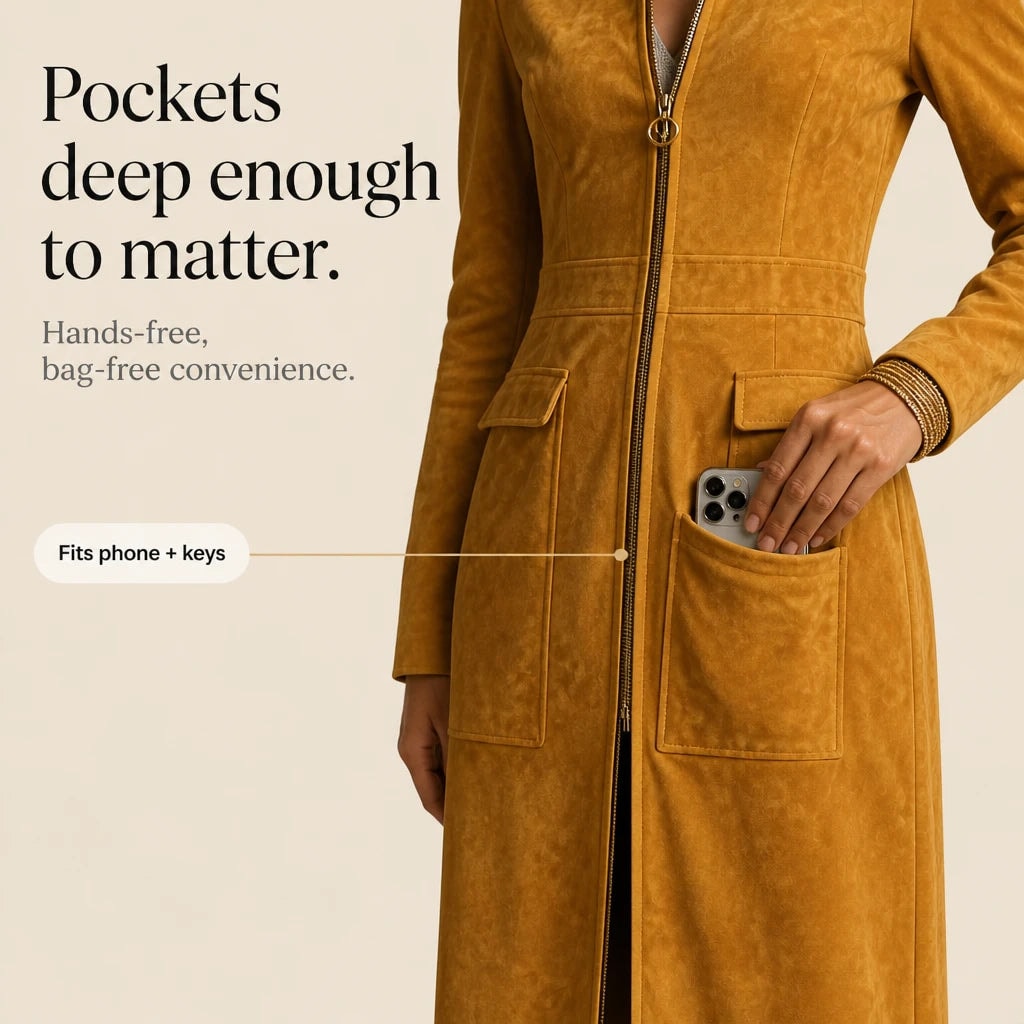 Women's Fitted Long Faux Suede Coat with Stand Collar and Full-Length Zip