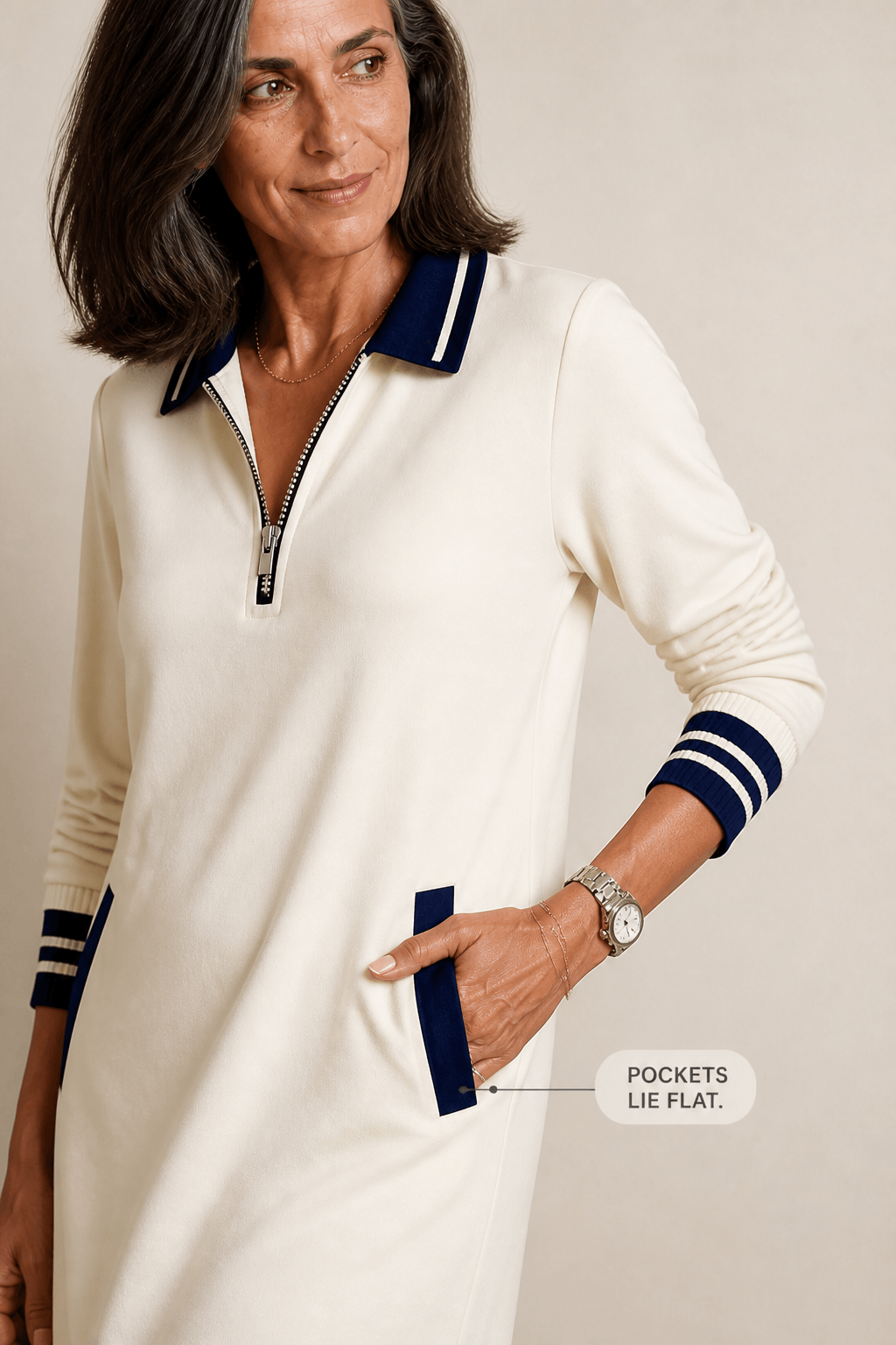 Women's Quarter-Zip Collared Knit Midi Dress with Seam Pockets