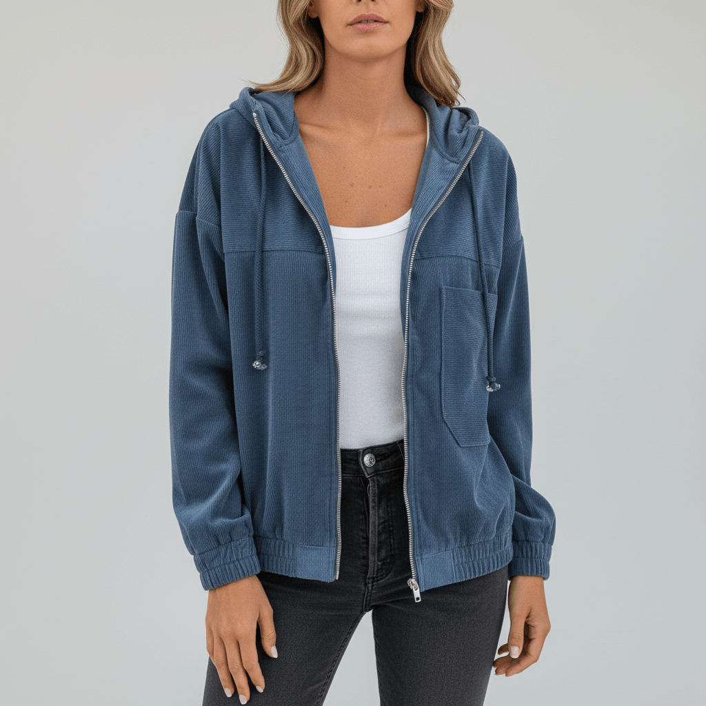 Women's Lightweight Hooded Corduroy Zip-Up Jacket with Chest Pocket and Elastic Cuffs