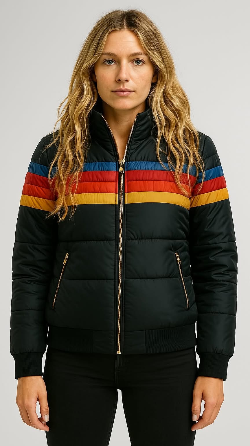 Hooded Quilted Puffer Jacket with Striped Chest Bands in Polyester