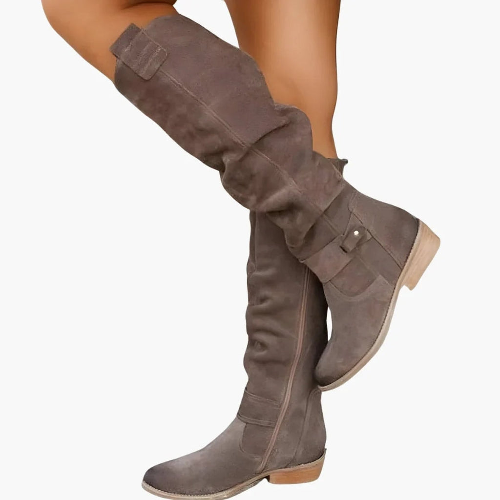 Suede Knee-High Black Boots for Women with Block Heel and Side Zip