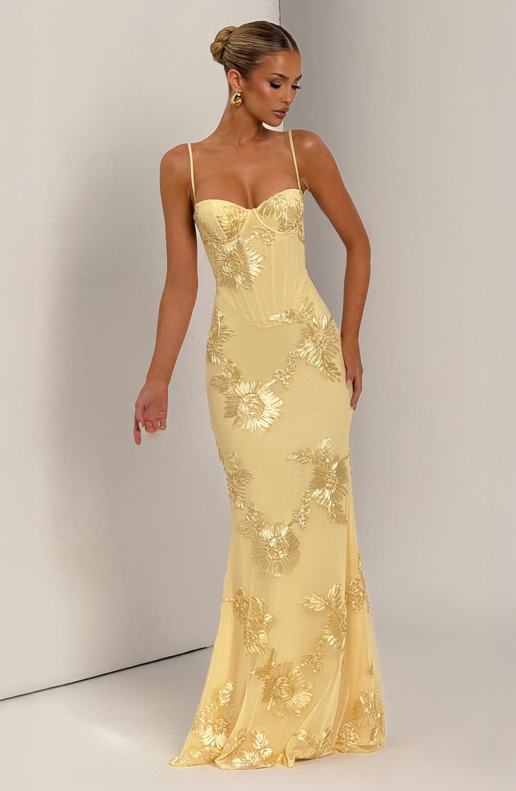 Women's Floral Embroidered Corset Maxi Dress with Spaghetti Straps