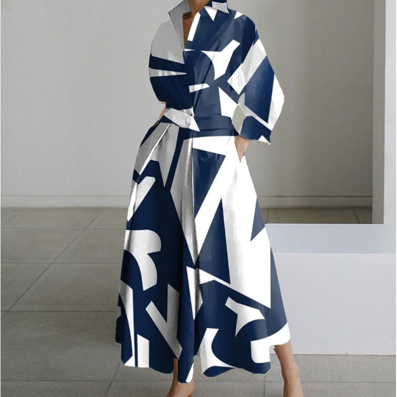 Women's Collared Front Wrap Newspaper Print Maxi Dress