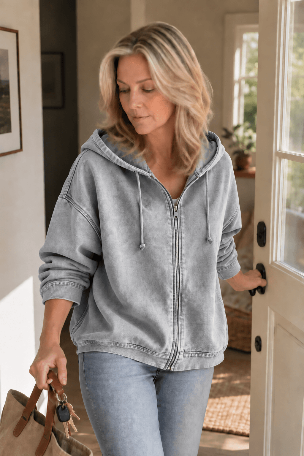 Women's Washed Relaxed Fit Zip-Up Hoodie with Drawstring Hood