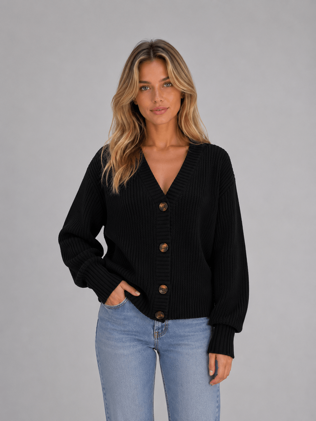 Women's Chunky Ribbed Knit V-Neck Cardigan with Oversized Buttons and Relaxed Sleeves