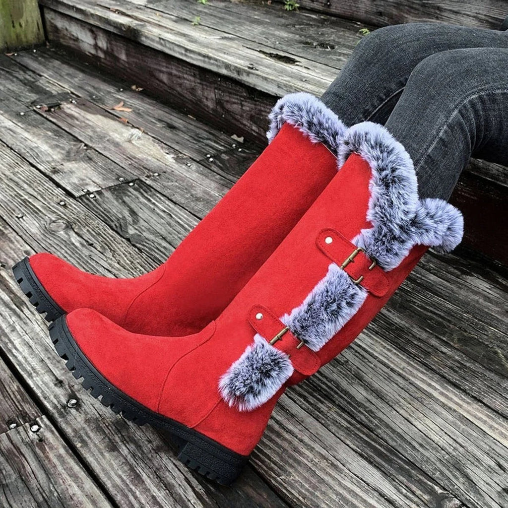 Women's Knee-High Faux Suede Boots with Buckle Straps and Plush Fur Trim