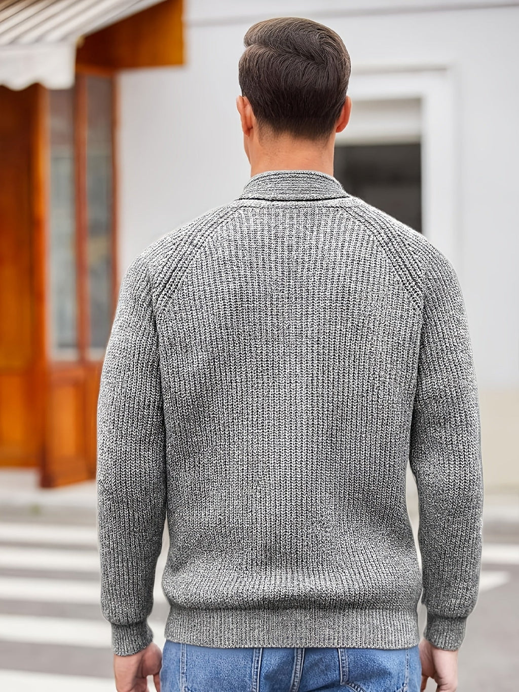 Men's Loose-Fit Ribbed Knit Shawl Collar Cardigan with Button Front and Pockets