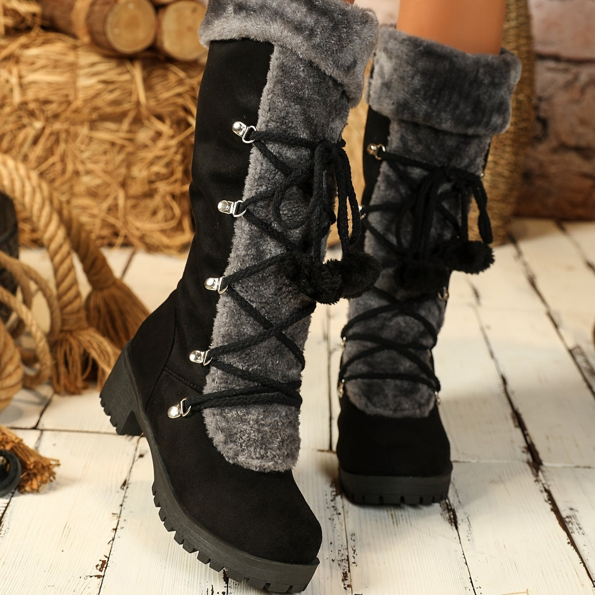 Women's Black Faux Suede Knee-High Boots with Faux Fur Trim and Lace-Up Detail