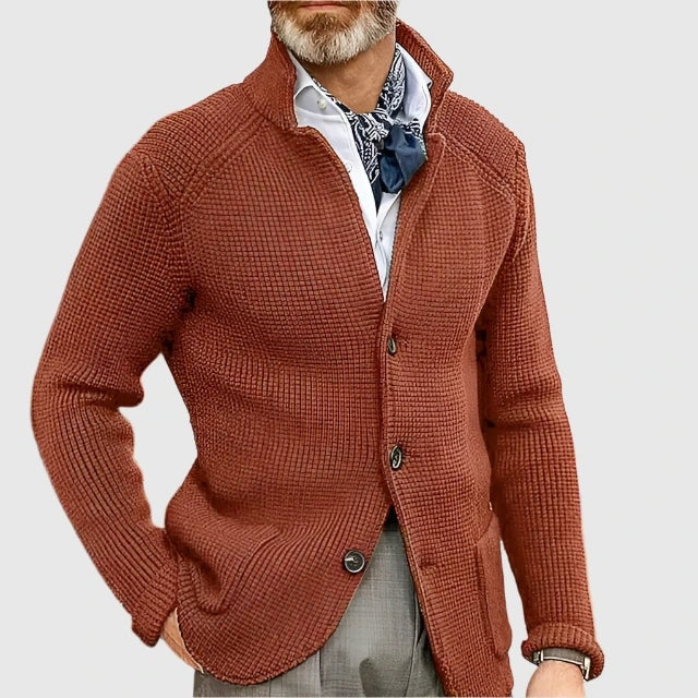 Waffle-Knit Button-Front Mens Sweaters Cardigan with Stand Collar