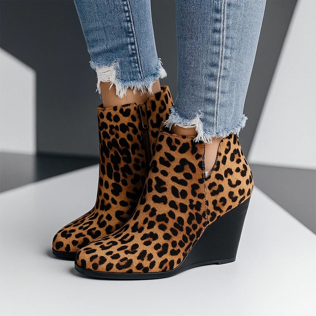 Suede Wedge Ankle Womens Boots with Side Zipper Closure
