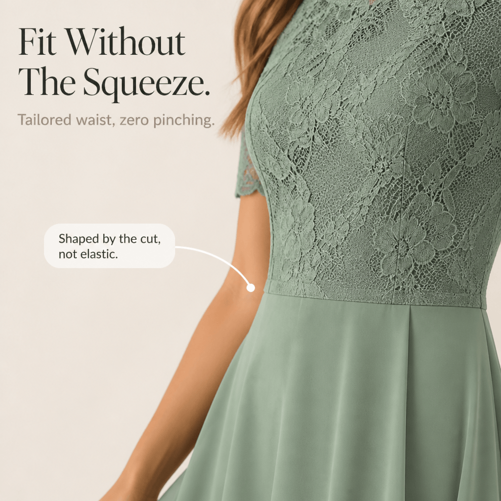 Floral Lace Bodice Chiffon Women's Midi Dress with Short Sleeves