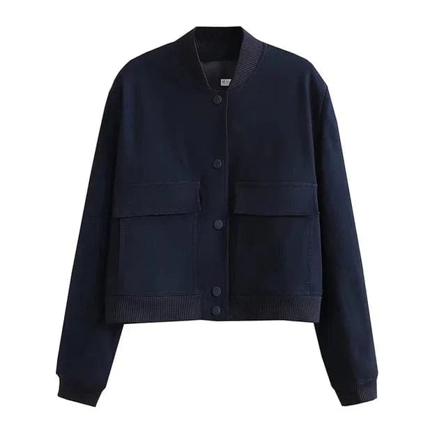 Cropped Bomber Jacket with Snap Front and Rib Knit Trim
