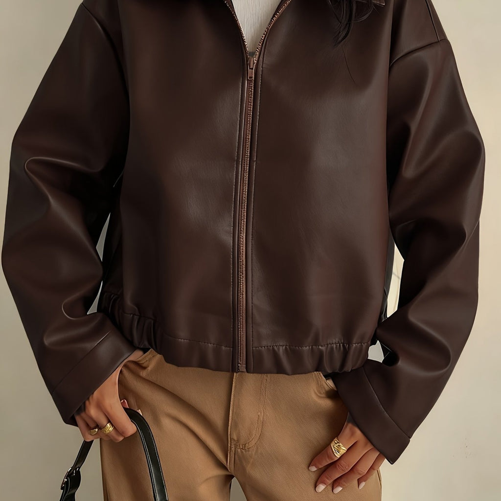 Cropped Faux Leather Jacket with Collar and Zip Front for Women