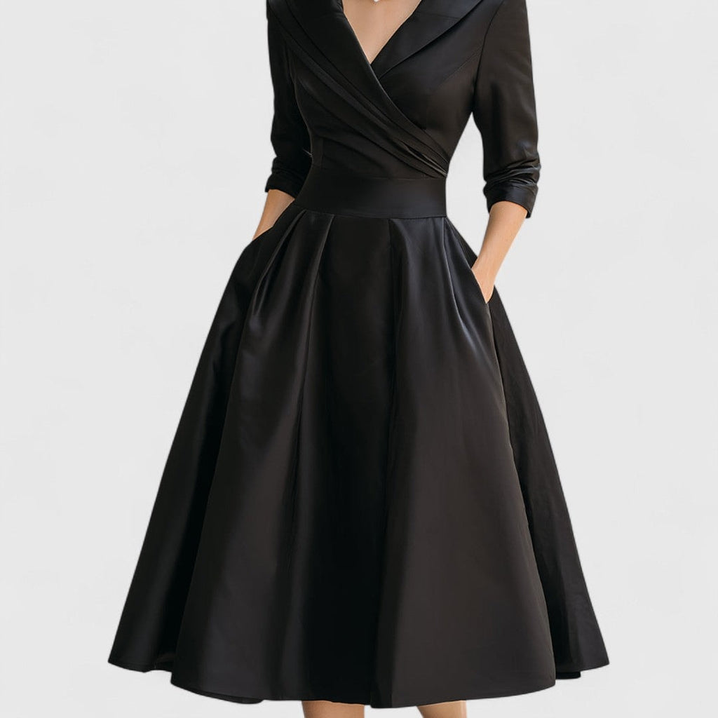 Women's V-Neck Wrap Midi Dress with Shawl Collar and Three-Quarter Sleeves