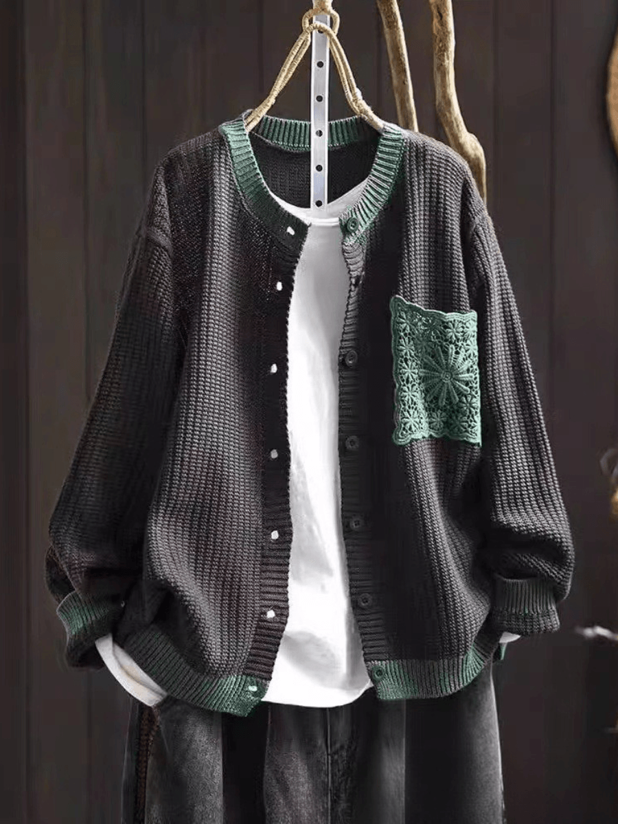 Women's Cardigan in Textured Knit with Lace Chest Pocket and Button Front