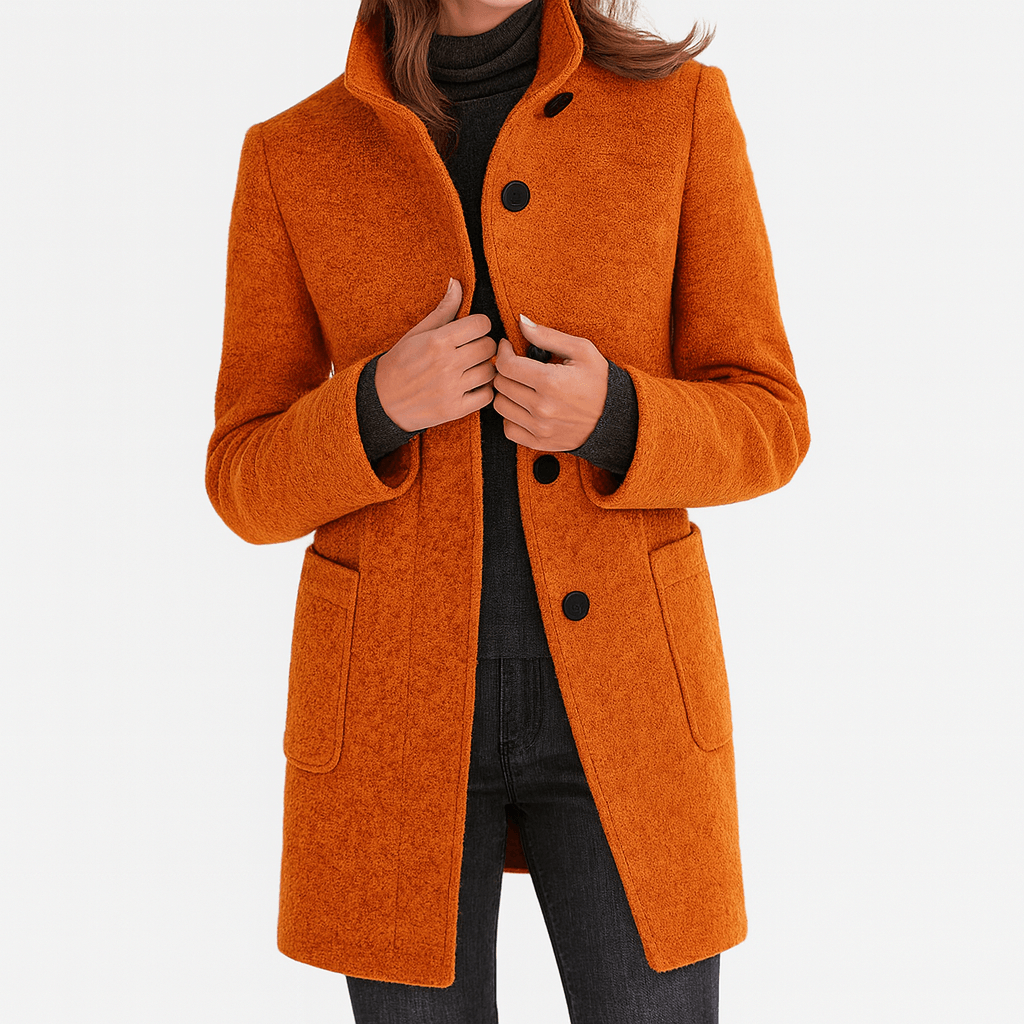Mid-Length Pea Coat with Stand Collar and Patch Pockets
