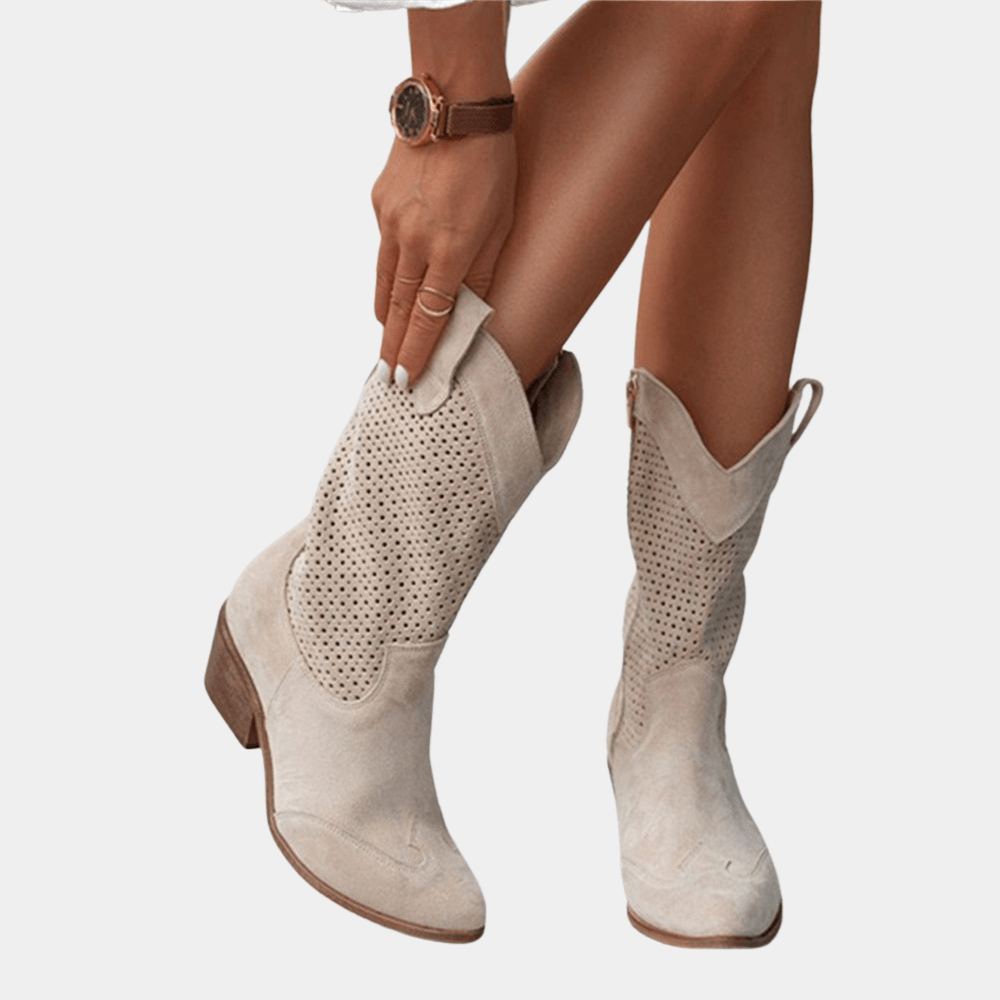Perforated Faux Suede Western Womens Boots with Side Zipper Ankle Design