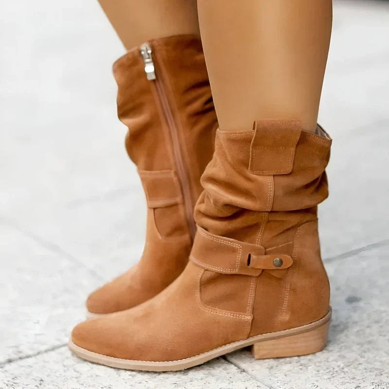 Berdine Slouchy Suede Mid-Calf Women's Boots with Buckle Strap Detail