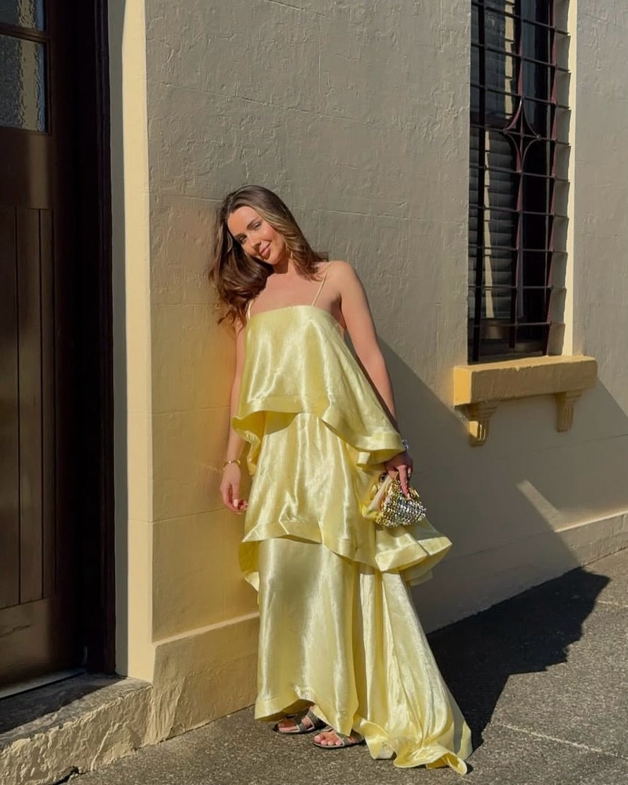 Stevie Tiered Ruffle Satin Maxi Dress for Fall Wedding Guest Dresses