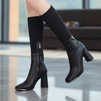 Stretch Knit Block Heel Boots with Side Zipper for Women