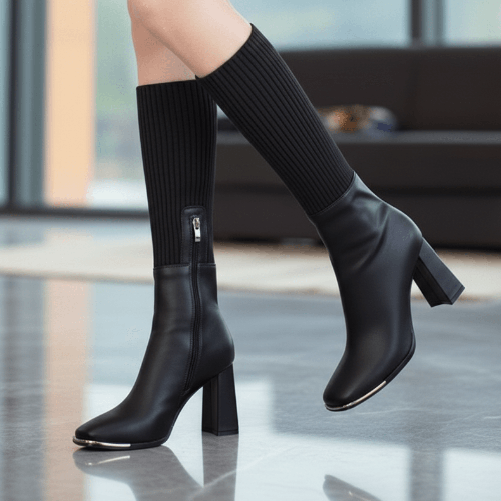 Stretch Knit Block Heel Boots with Side Zipper for Women