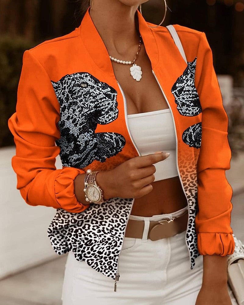 Meabh High-Neck Oversized Floral Print Zip-Up Bomber Jacket for Women