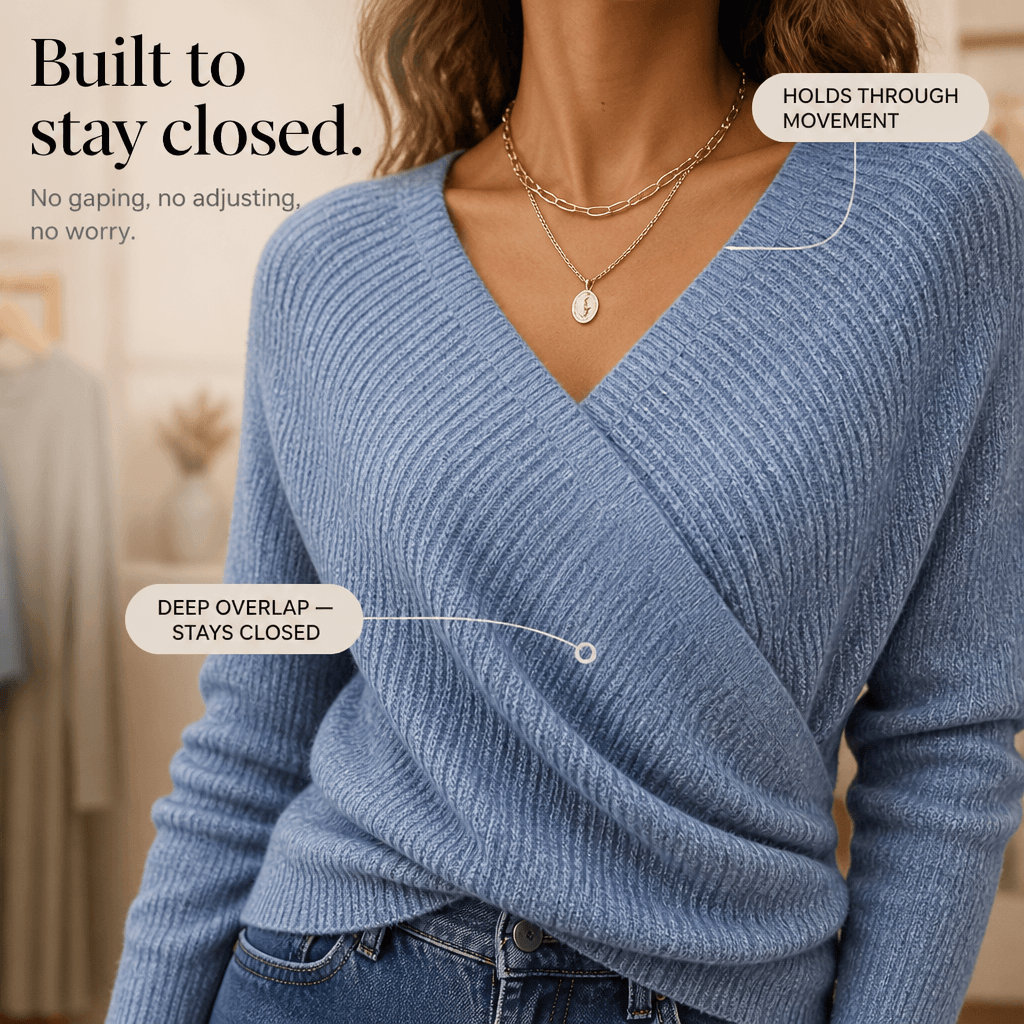 Women's Crossover Wrap V-Neck Knitted Sweater with Cinched Waist Detail