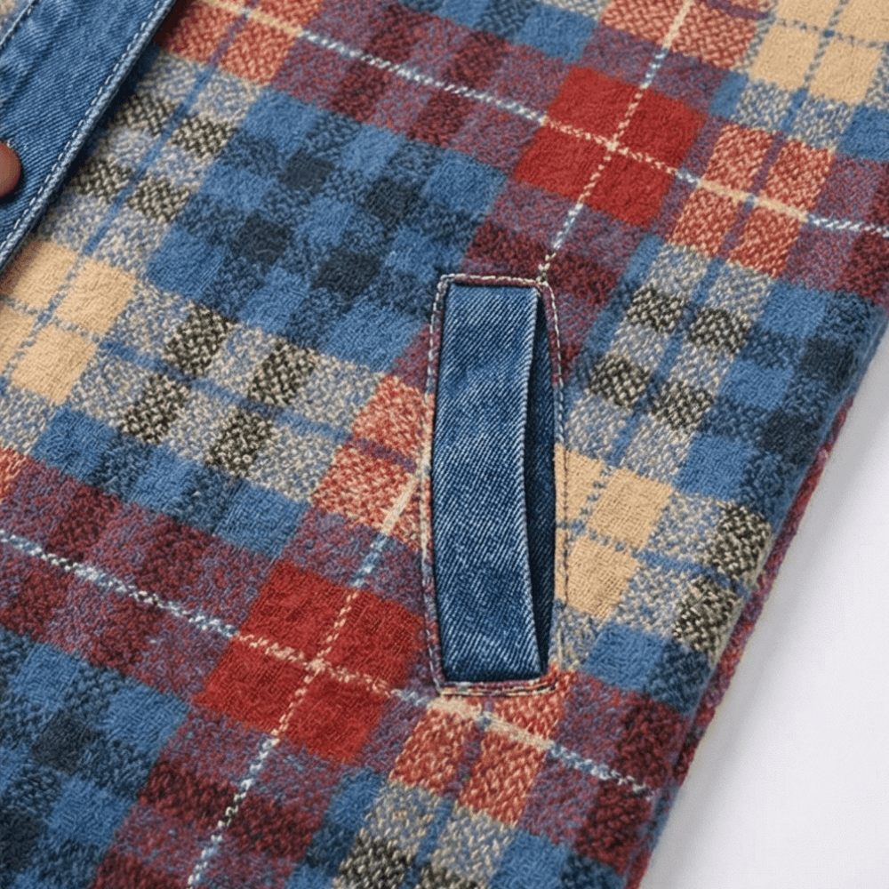 Weslyn Plaid Hooded Shacket with Denim Trim for Women