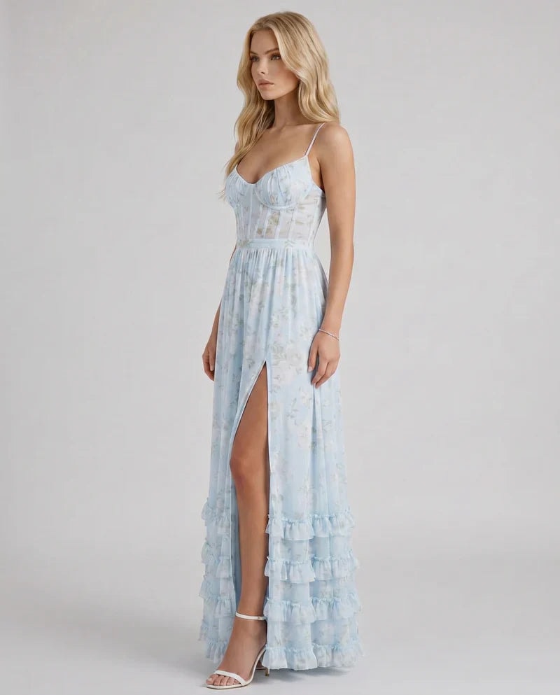 Women's Maxi Floral Chiffon Corset Dress with Tiered Ruffle Hem and Thigh-High Slit