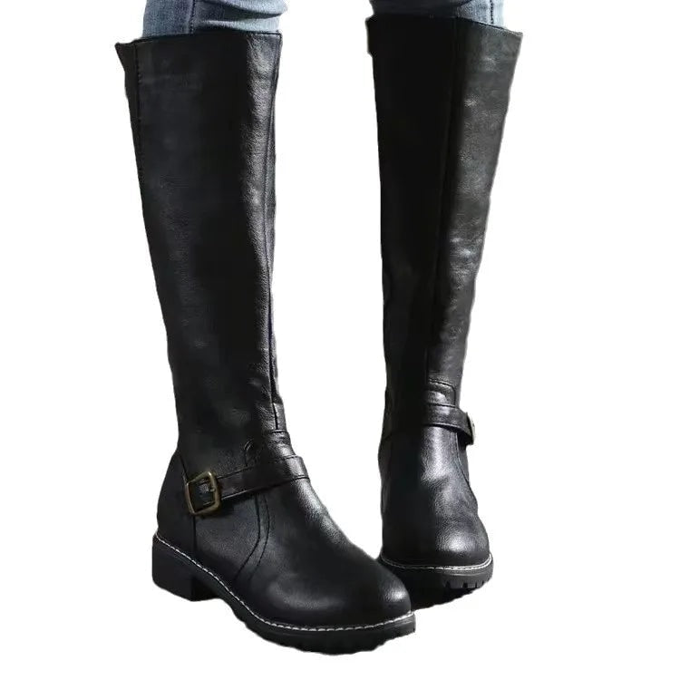 Knee High Riding Fall Boots with Side Zipper and Buckle Strap