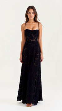 Women's Floral Bustier Maxi Wedding Guest Dress with Lace-Up Corset Back