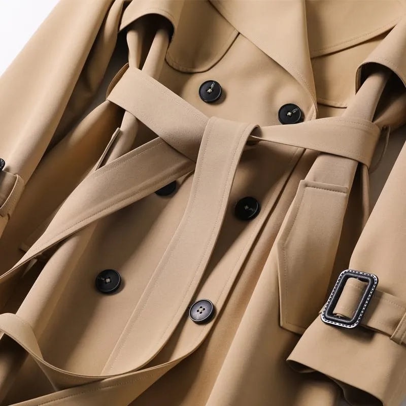 Double-Breasted Belted Trench Coat with Classic Lapel Collar