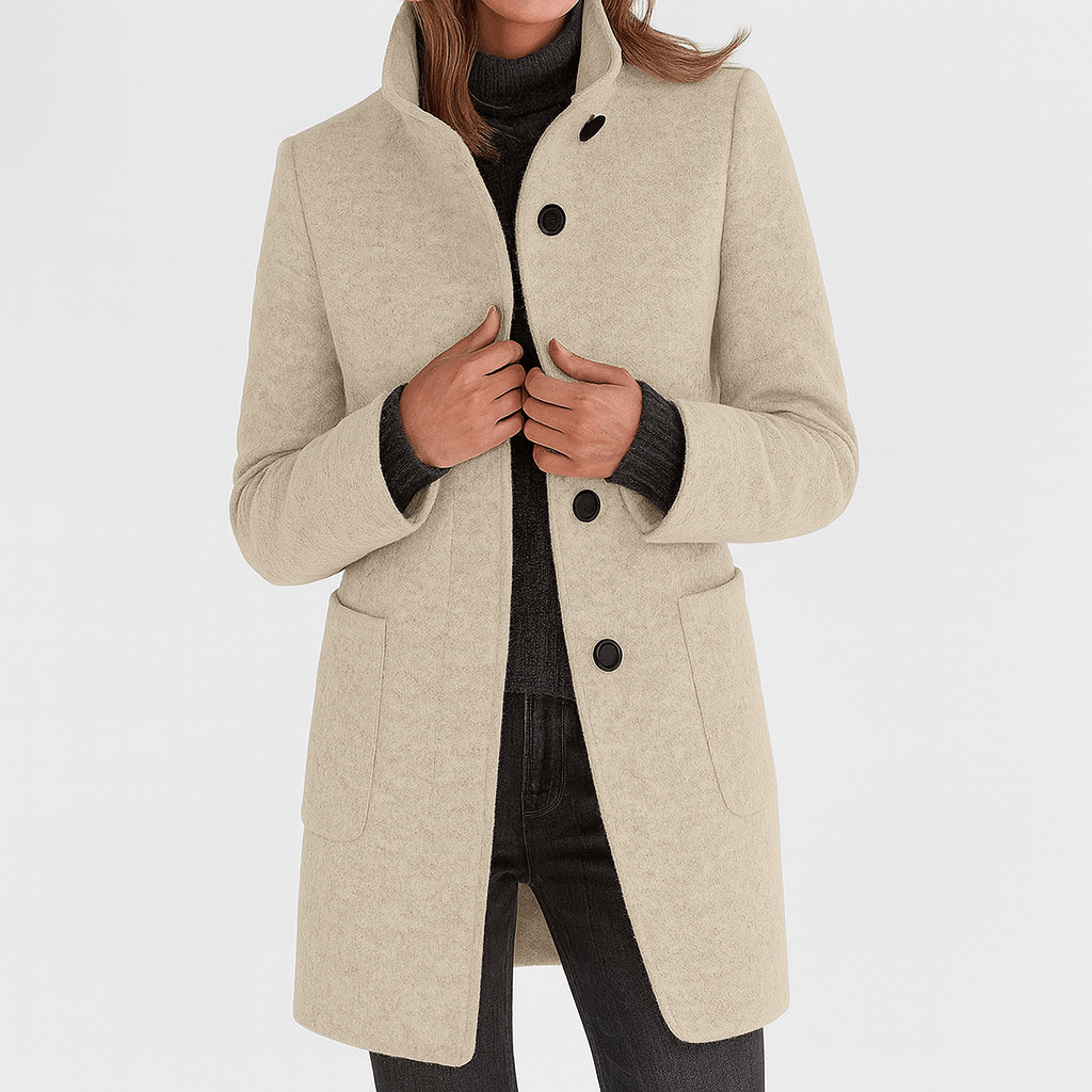 Mid-Length Pea Coat with Stand Collar and Patch Pockets