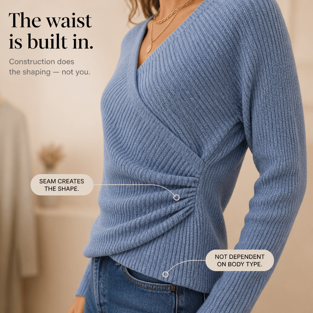 Women's Crossover Wrap V-Neck Knitted Sweater with Cinched Waist Detail