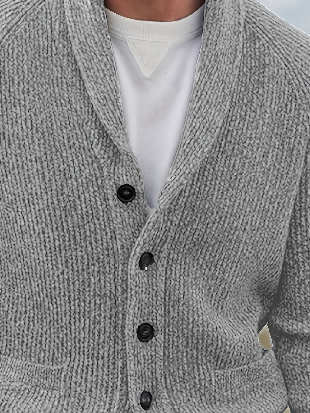 Men's Loose-Fit Ribbed Knit Shawl Collar Cardigan with Button Front and Pockets