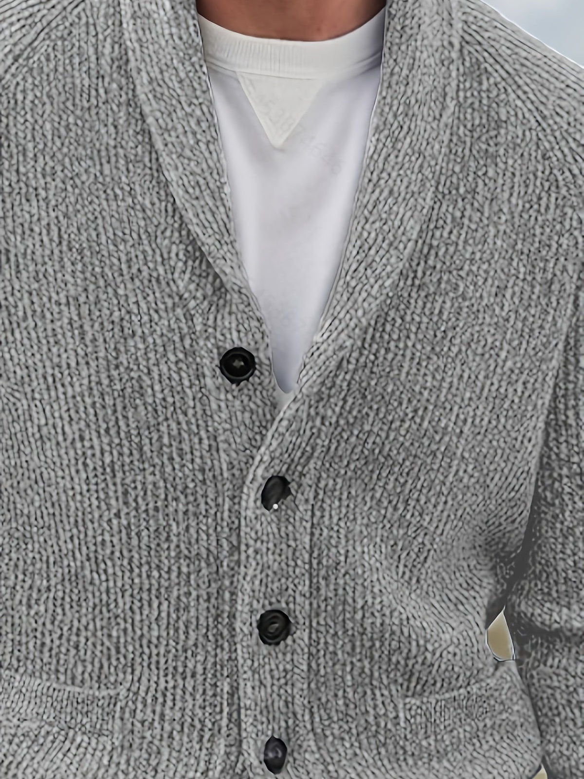 Men's Loose-Fit Ribbed Knit Shawl Collar Cardigan with Button Front and Pockets