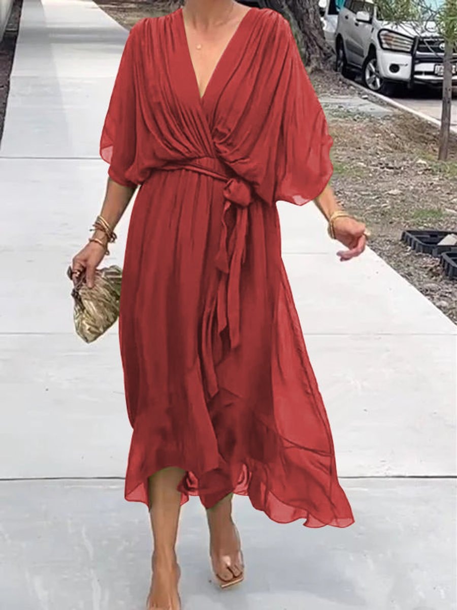 Women's Belted Chiffon Wrap Dress with V-Neck and Flowy Midi Length