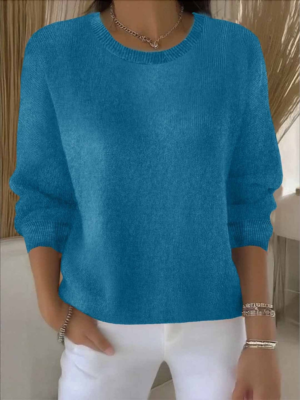 Lorie Ribbed-Cuff Women's Knitted Sweater with Crew Neck