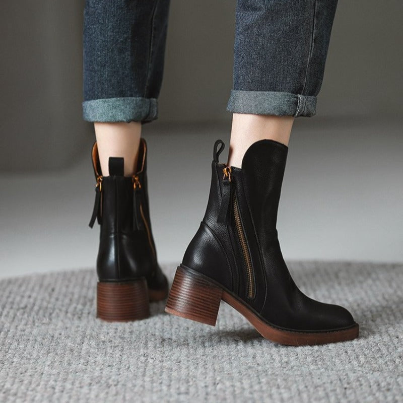 Women's Ankle Boots with Side Zipper and Block Heel in Synthetic for Fall