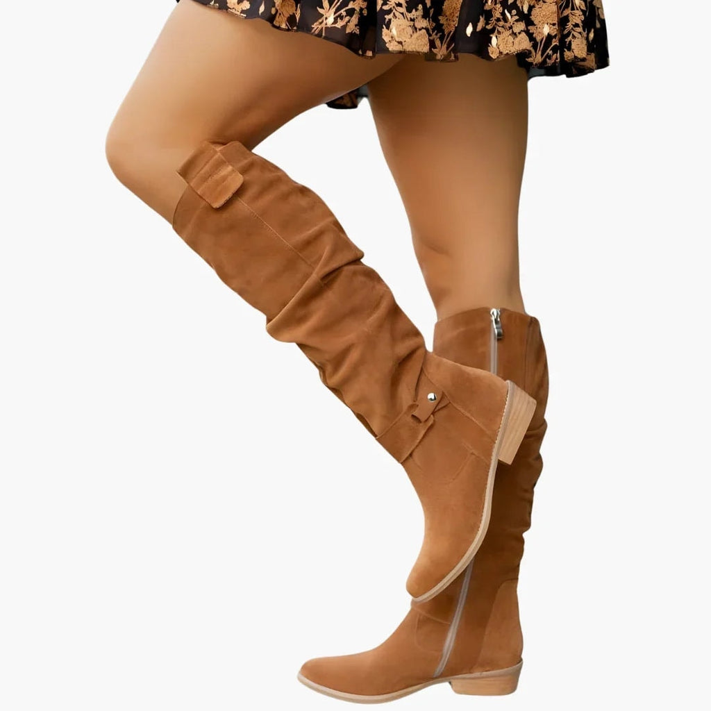 Suede Knee-High Black Boots for Women with Block Heel and Side Zip