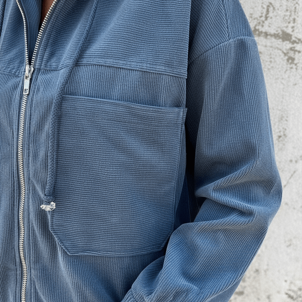 Women's Lightweight Hooded Corduroy Zip-Up Jacket with Chest Pocket and Elastic Cuffs